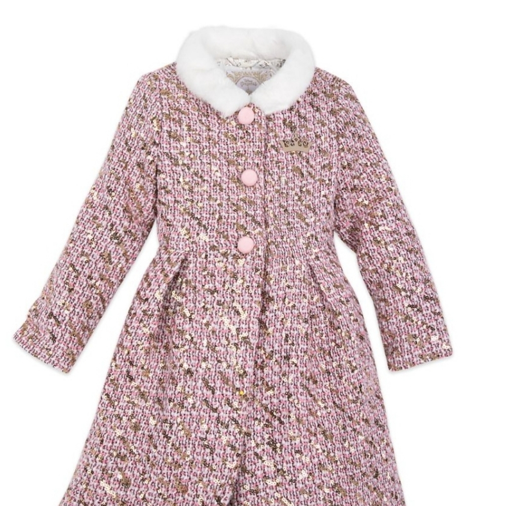 Pink Disney Princess Tweed Coat / Gold Sequins/ size 9/10 White Faux Fur Collar